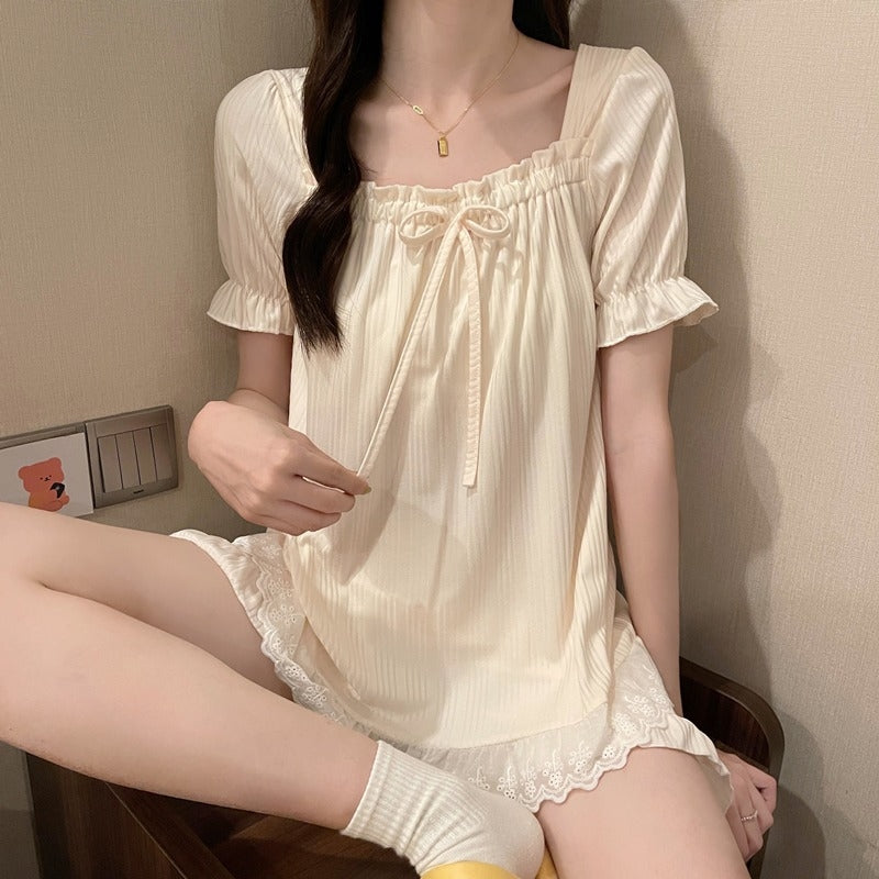 Women Casual Solid Color Short Sleeve Top And Shorts Pajamas Two-Piece Set