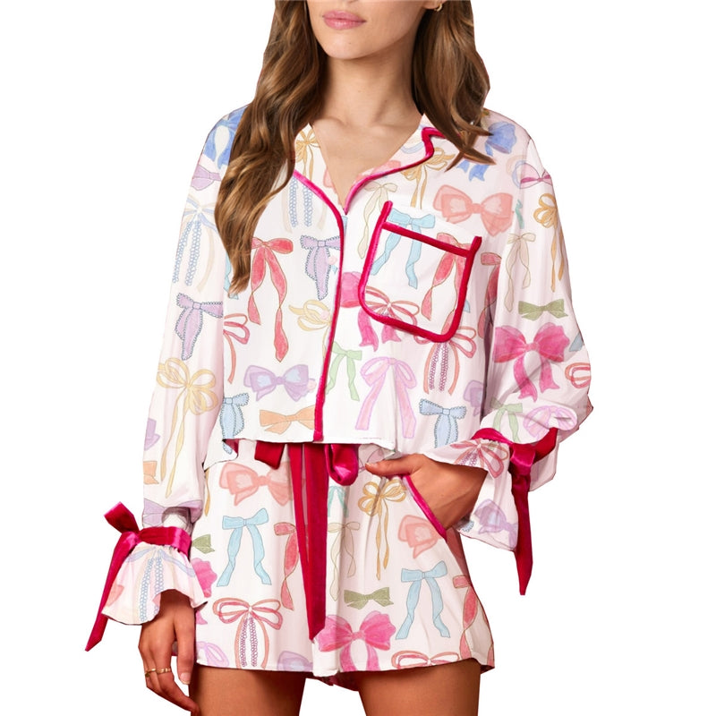 Women Fashion Casual Printed Loose Lapel Long-Sleeve Lace-Up Shorts Pajamas Two-Piece Set
