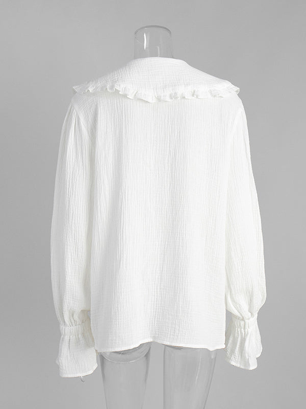 Long Sleeves Ruffled See-Through Split-Joint Peter Pan Collar Blouses&Shirts Tops