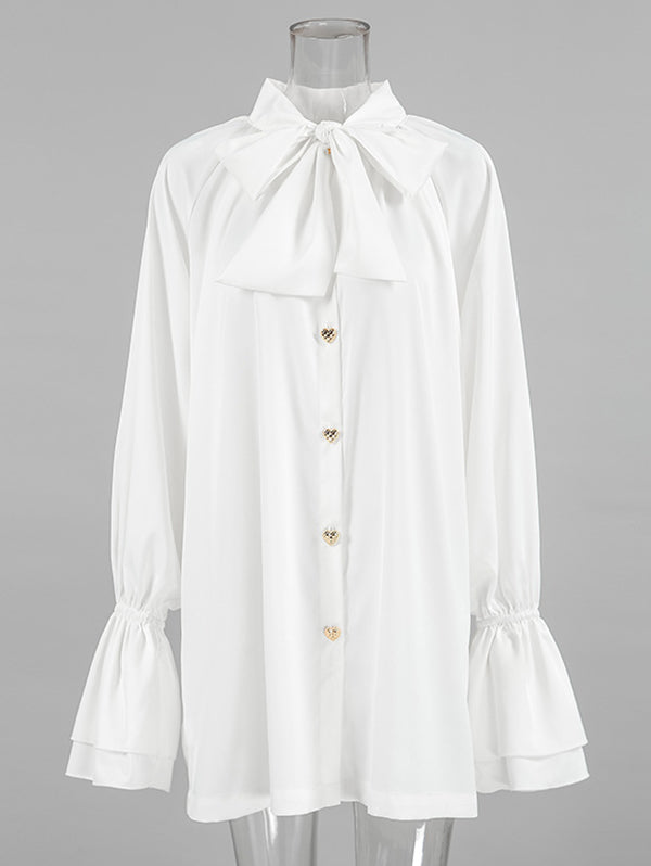 A-Line Flared Sleeves Buttoned Elasticity Pleated Solid Color Tied Zipper Stand Collar Mini Dresses