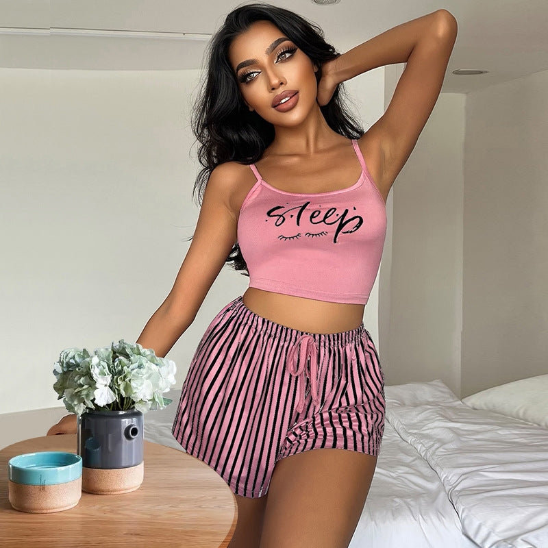 Women Fashion Sexy Letter Printed Camisole Loose Stripe Drawstring Shorts Pajamas Two-Piece Set