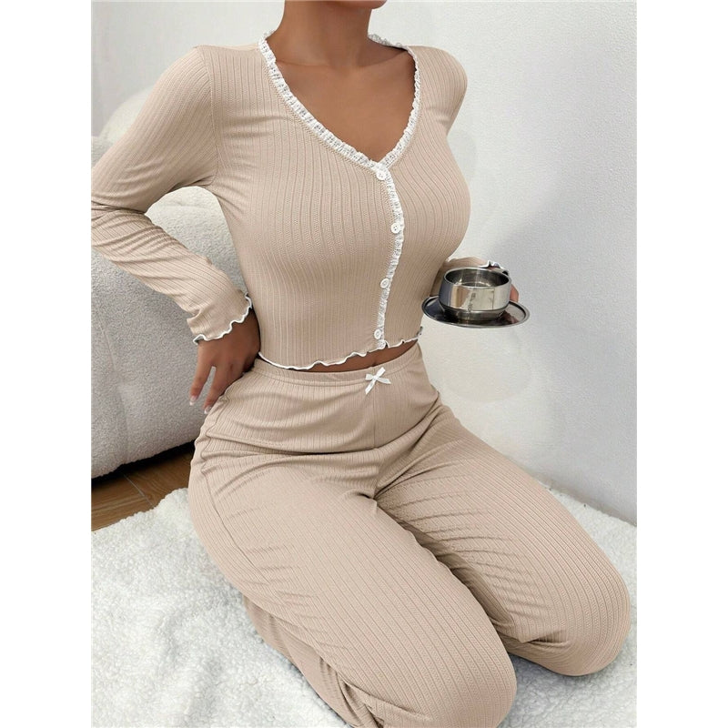 Women Casual Solid Color Lace Pajamas Longewear