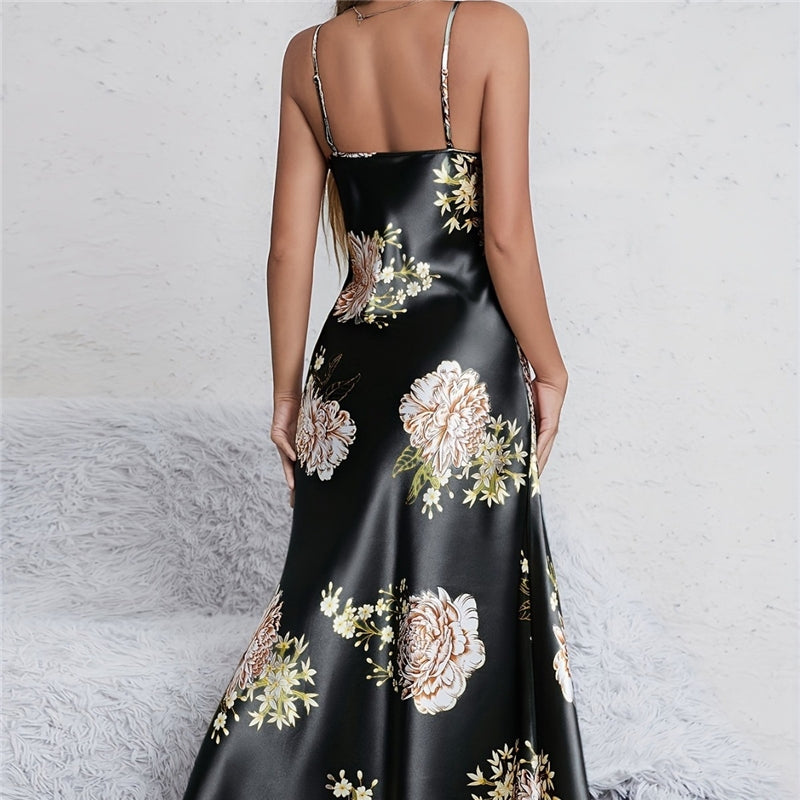 Women Fashion Sexy Floral Printed Sleeveless Spaghetti Strap Loose Dress Pajamas