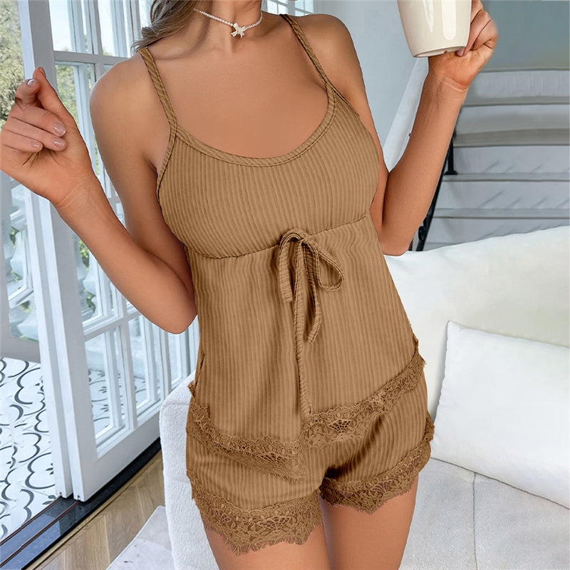 Women Fashion Casual Solid Color Lace Splicing Lace-Up Camisole Loose Shorts Pajamas Two-Piece Set