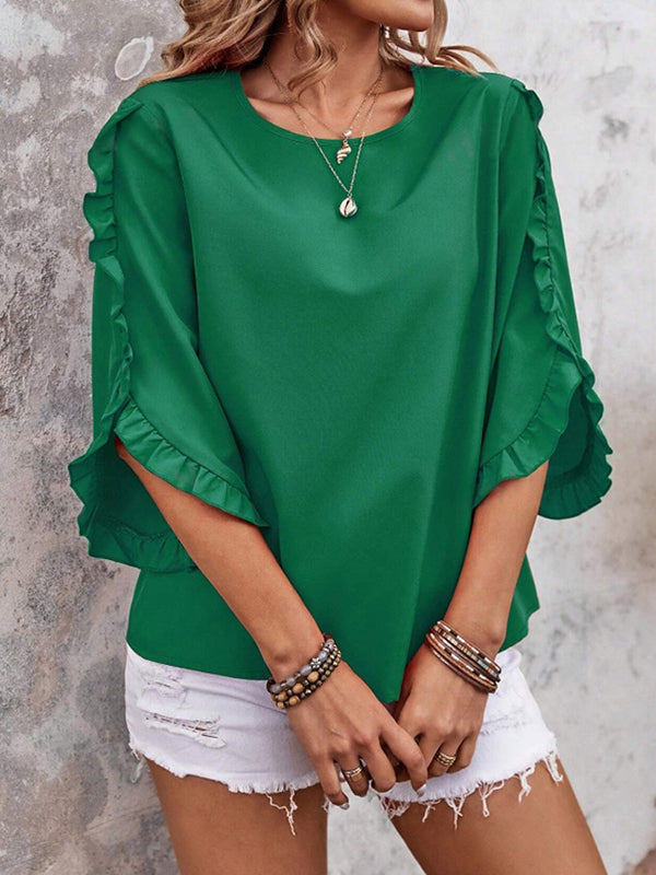 Loose Three-Quarter Sleeves Ruffle Trim Solid Color Round-Neck T-Shirts Tops