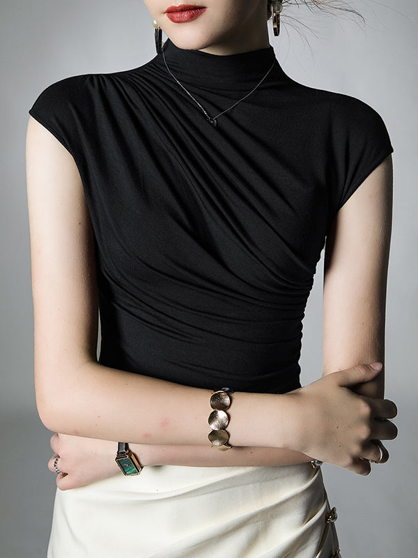 Skinny Pleated Solid Color Mock Neck T-Shirts Tops