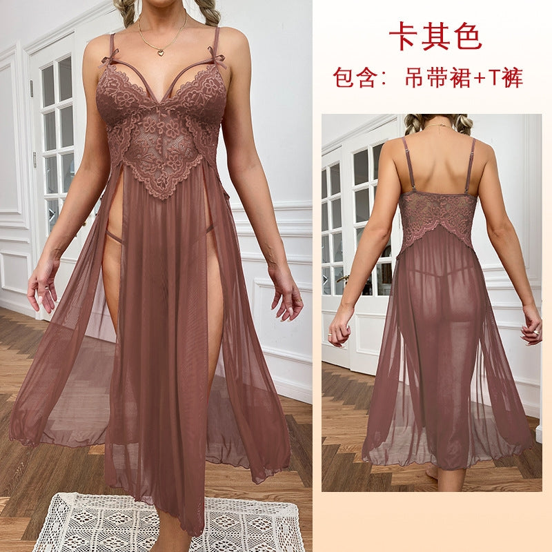 Women Fashion Sexy Deep V Lace Mesh Split Home Pajamas Set