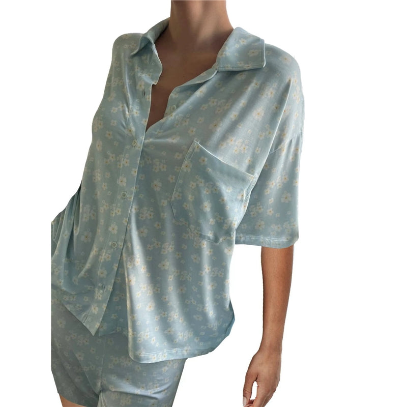 Women Fashion Casual Floral Printed Short-Sleeve Blouse Loose Shorts Pajamas Two-Piece Set
