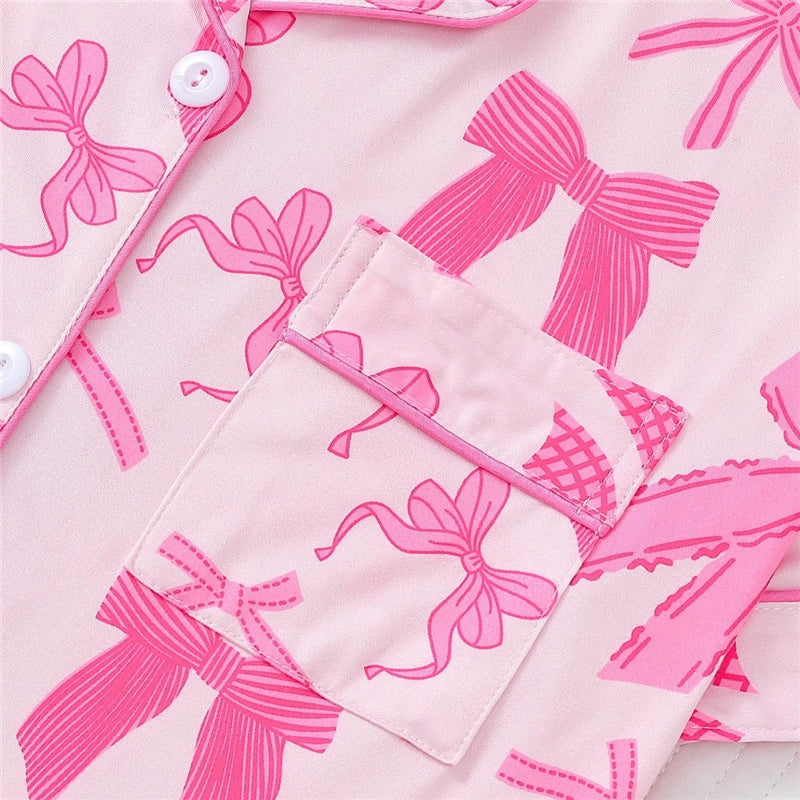 Women Pink Bow Print Lapel Short Sleeve Shorts Pajamas
