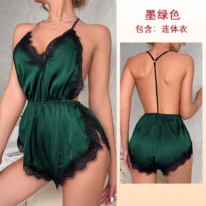 Women Fashion Sexy Deep V Lace Backless Sleepwear