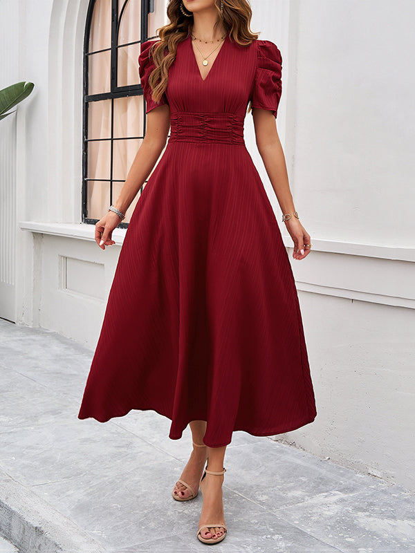 A-Line High Waisted Pleated Solid Color Zipper V-Neck Maxi Dresses