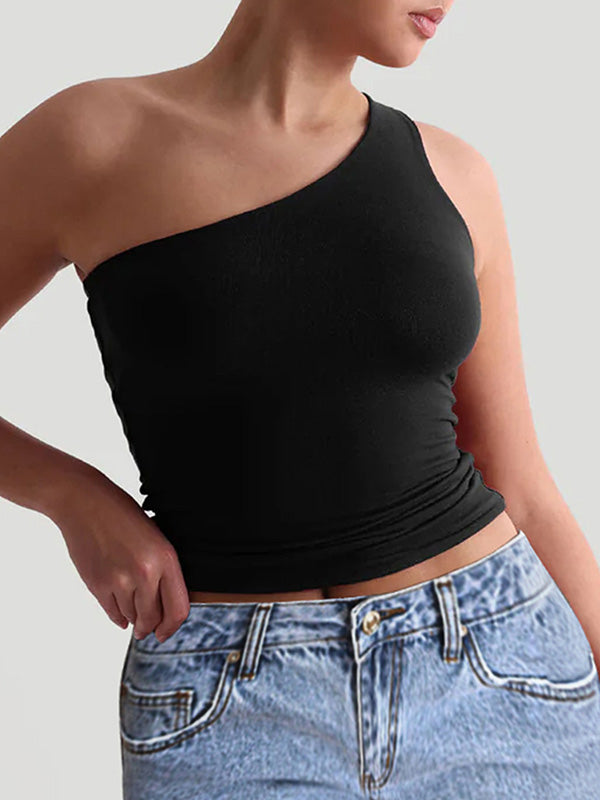Skinny Sleeveless Solid Color One-Shoulder Vest Top