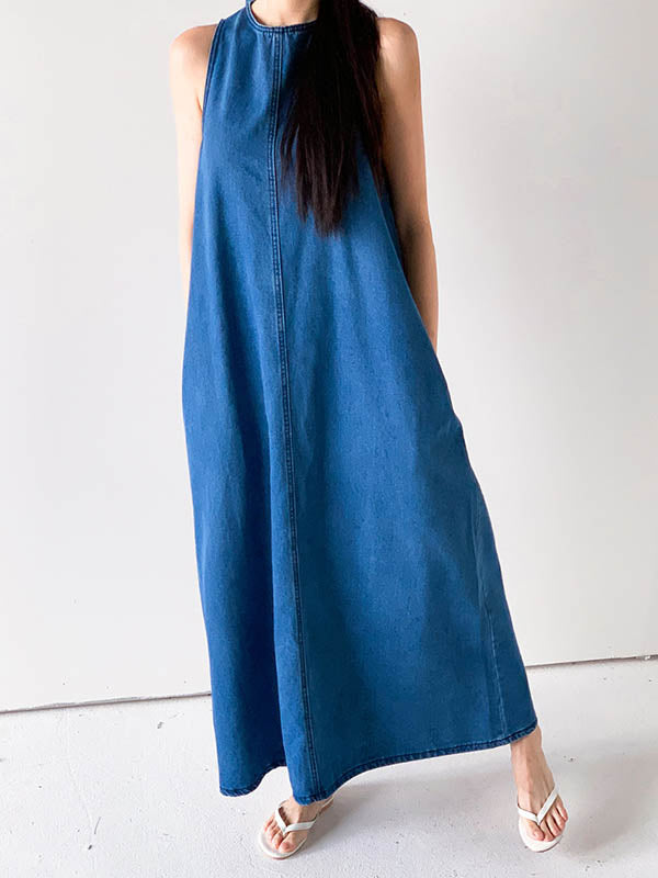 A-Line Loose Pockets Solid Color Tied Round-Neck Maxi Dresses