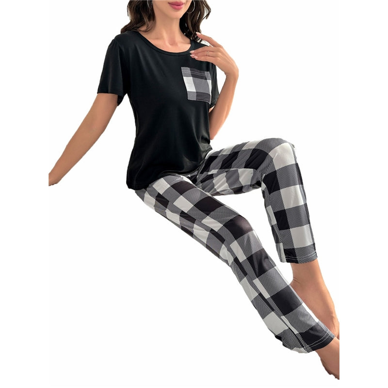 Women Casual Plaid Pajamas Two-Piece Set
