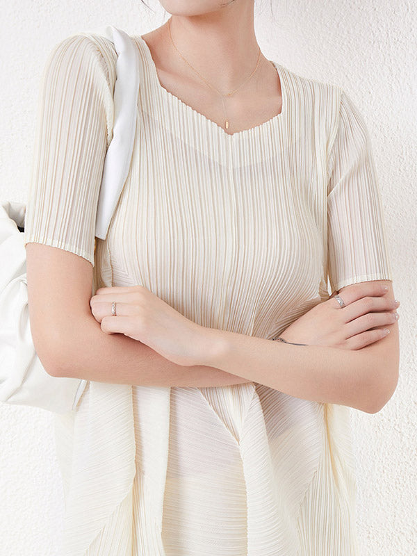 High Waisted Loose Pleated Solid Color Round-Neck Midi Dresses