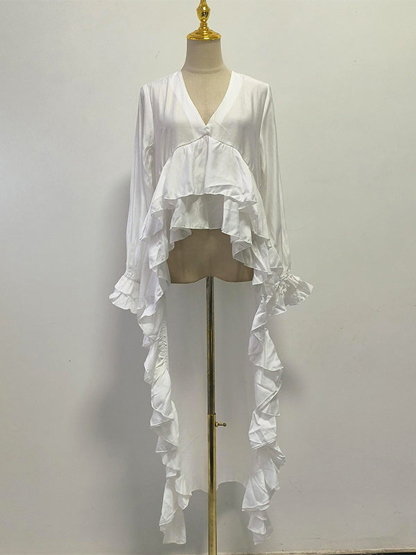 Flared Sleeves High-Low Elasticity Pleated Solid Color V-Neck Blouses&Shirts Tops