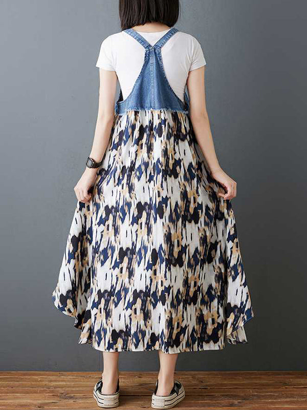 Loose Plus Size Flower Print Pockets Split-Joint Spaghetti-Neck Maxi Dresses Suspender Dress